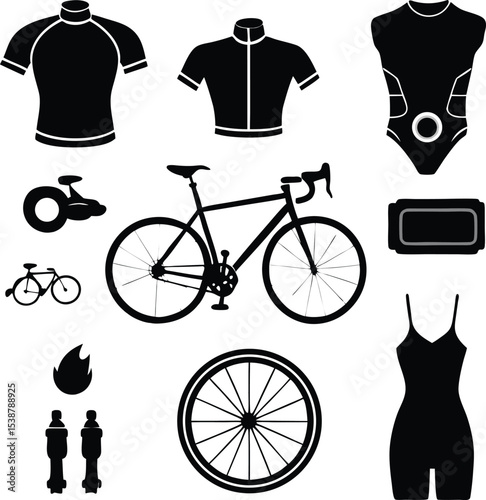 Comprehensive Cycling and Triathlon Gear Silhouette Icon Set