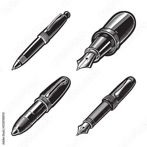 silhouette of vintage pen set bundle on the white background 