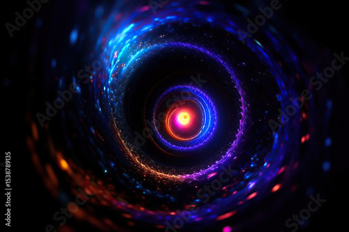 Cosmic Light Tunnel in Blue and Black with Fiery Glows, Starry Space and Comets