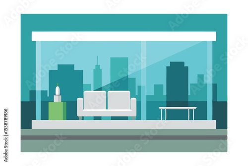 Modern City View Apartment Living Room Design Glass Wall, Minimalist Sofa, and Urban Skyline