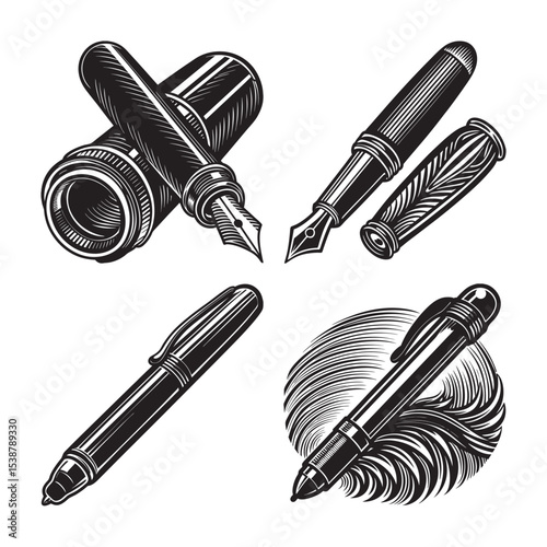 silhouette of vintage pen set bundle on the white background 