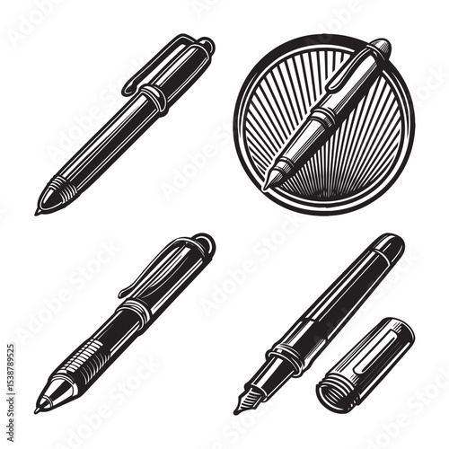 silhouette of vintage pen set bundle on the white background 