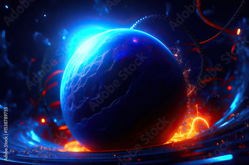 Fantastic Cosmic Planet in Blue and Black with Fiery Glows and Starry Space Background
