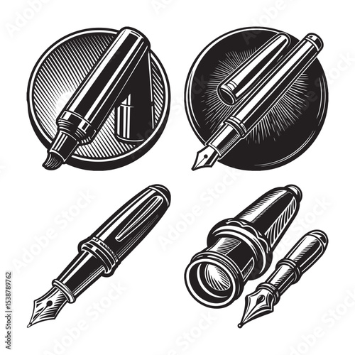 silhouette of vintage pen set bundle on the white background 
