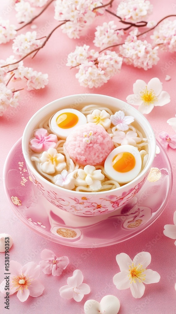 Delicate pink ramen bowl with egg, noodles, and decorative cherry blossom shaped sweets, nestled amongst blossoms on a pink background Delicate pink ramen bowl with egg, noodles, and decorative cherry blossom shaped sweets, nestled amongst blossoms on a pink background
