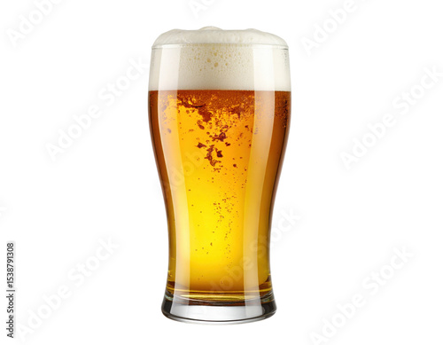 A pint glass filled with golden beer topped with a thick, frothy white head.