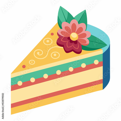 Slice of Decorated Cake with Ribboned Edge – Line Art Vector