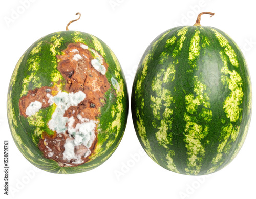 Two watermelons side by side, one showing extensive rot and mold damage while the other remains fresh and intact.