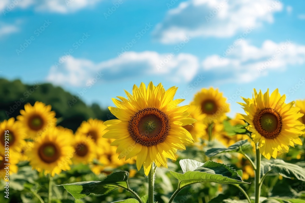 Fototapeta premium Bright yellow sunflowers in a field under a blue sky