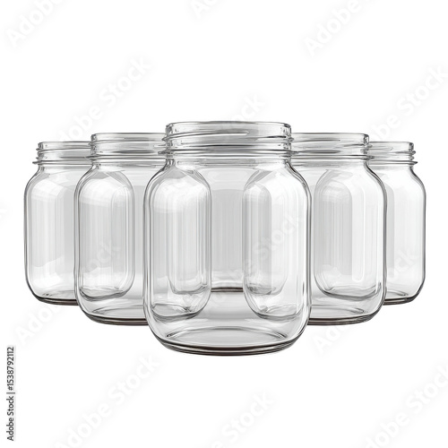 Set of Five Clear Glass Storage Jars for Organizing Kitchen and Home Essentials on transparent background