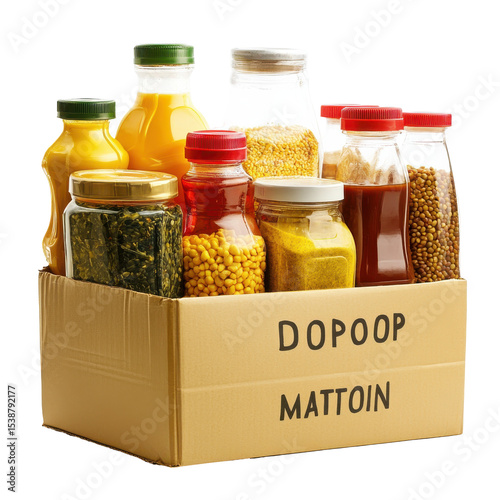 Variety of Colorful Condiments and Ingredients in a Cardboard Box for Culinary Use on transparent background