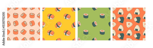 Seamless Sushi Pattern set with Rolls, onigiri, sushi. Hand drawn vector background illustration. Set of four. Repeated backgrounds for textile, wallpaper, packaging. Japanese food and rolls menu.