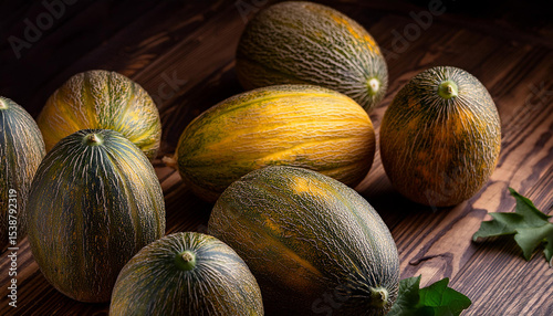 Bodegon de fruta con varios melones maduros sobre una mesa de madera