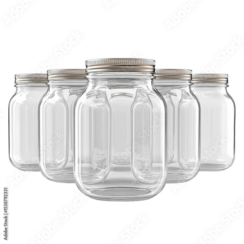 Set of Clear Glass Jars for Canning and Storage in Kitchen with Lids, Ideal for Preserving Food and Organizing Supplies on transparent background
