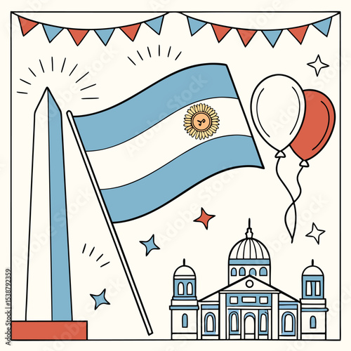 Argentinian National Day celebration illustration with flag and landmarks.