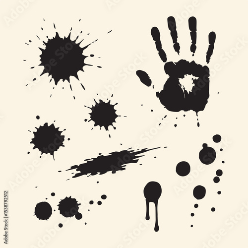 Realistic Blood Splatter Vector Set with Red Stains, Drops, and Handprint on White Background