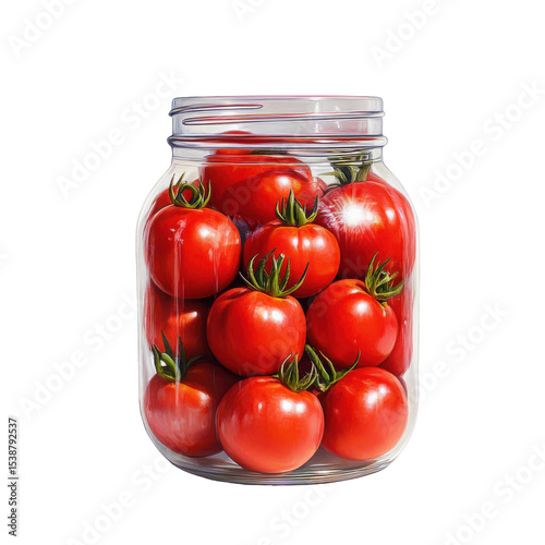 Fresh Red Tomatoes in a Clear Glass Jar for Home Cooking and Canning on transparent background