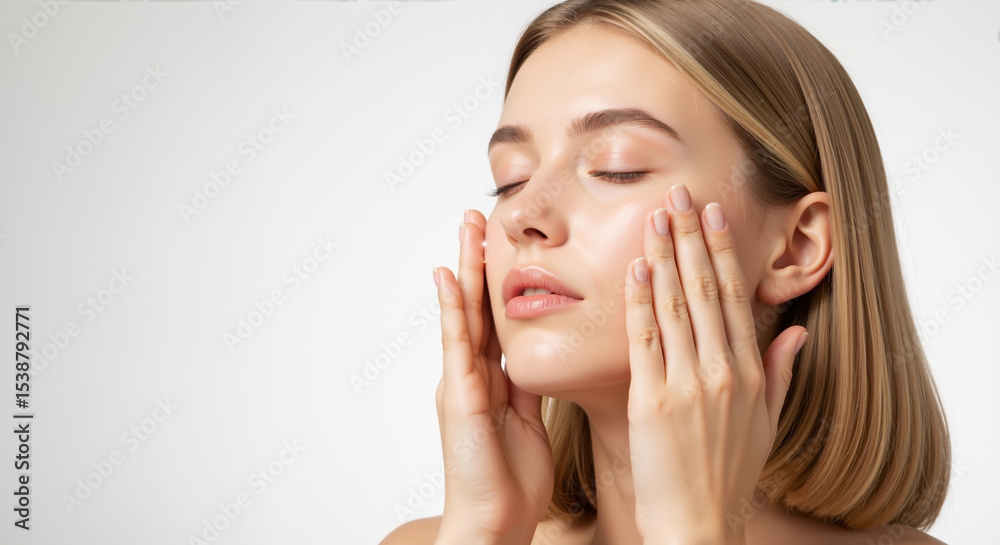 Woman applying face cream with hands touching cheeks closed eyes. Skincare routine facial moisturizer anti aging treatment cosmetic spa wellness beauty therapy Woman applying face cream with hands touching cheeks closed eyes. Skincare routine facial moisturizer anti aging treatment cosmetic spa wellness beauty therapy