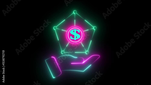 Fintech Motion Graphic – Dollar Icon with Real-Time Analytics and Investment & Banking Dashboard on a hand .