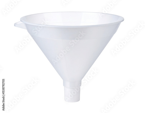 A white plastic funnel with a wide mouth and narrow spout designed for transferring liquids or powders easily. photo