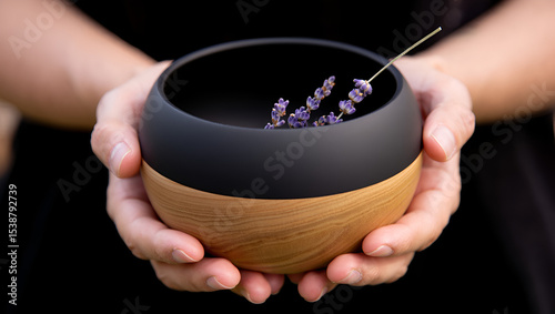 hands holding a wooden and ceramic cup with lavender flower in the center