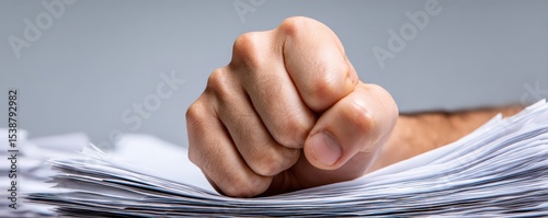 A clenched fist pounding down on a large stack of papers, symbolizing frustration or determination.