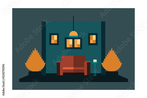 Cozy Evening Room Interior Design Tranquil Relaxation Space with Warm Lighting and Comfortable Chair