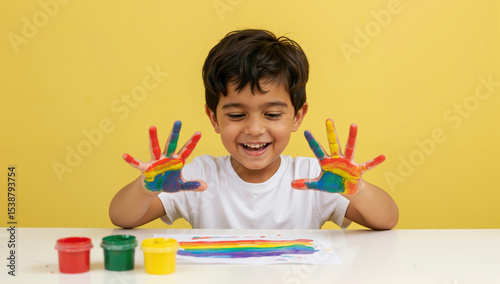 Happy boy showing colorful painted hands after art class with rainbow paint on yellow table. Creative expression and artistic development through finger painting activities
