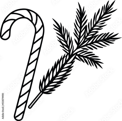 Christmas candy cane with pine branch in black and white minimalist silhouette style