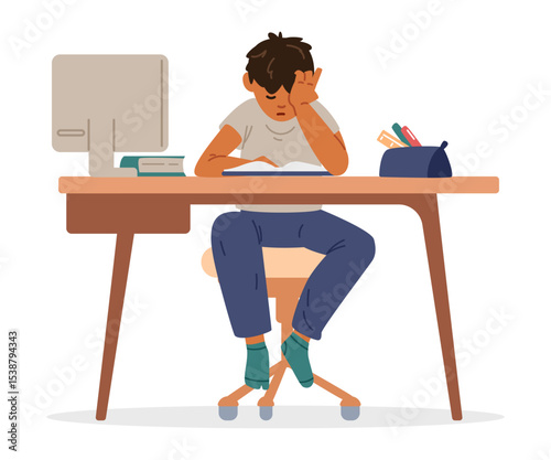 Asian school boy studying at home making homework sitting at desk reading textbook flat vector illustration isolated on white. Primary school kid tired of studying.