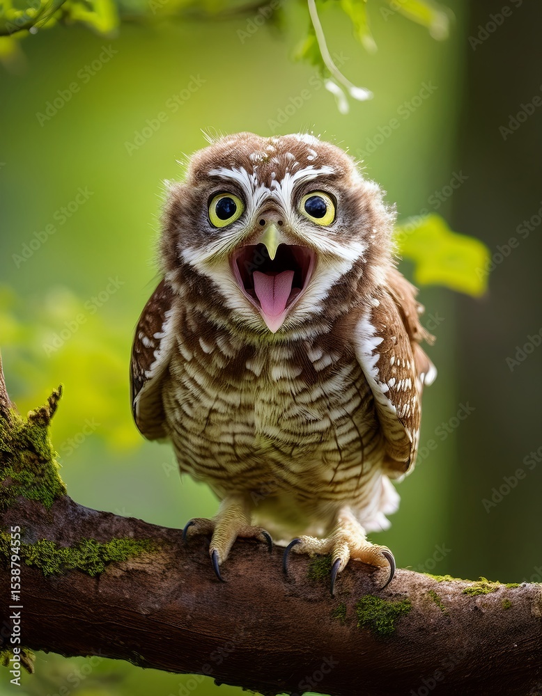 Naklejka premium Adorable Burrowing Owl with Mouth Wide Open Perched on a Branch in a Natural Habitat, Wildlife Photography