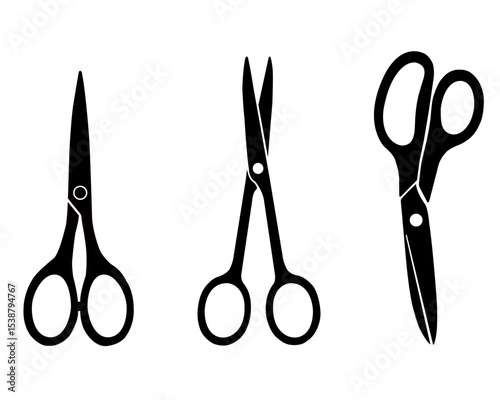 Vector illustration of three different types of scissors in black silhouette, showcasing distinct shapes and functionalities