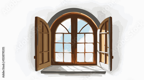 Illustration of an arched wooden window with shutters open.