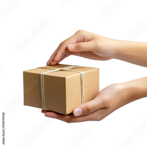 Hands Holding a Brown Parcel Ready for Delivery in a Neutral Setting on transparent background