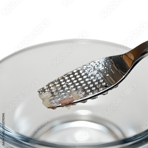 Grated Garlic on a Grater Above a Clear Bowl for Cooking Preparation on transparent background