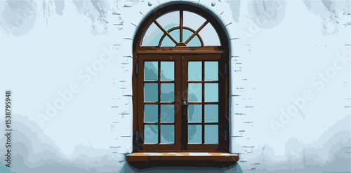 A wooden window with a curved top is set against a white brick wall. 