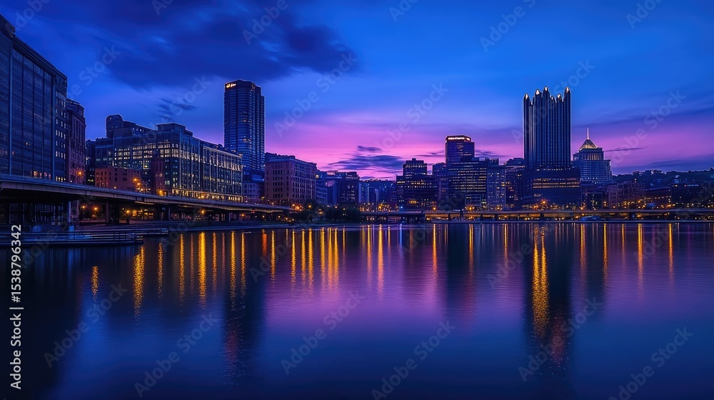 Fototapeta premium Vibrant Night Cityscape of Pittsburgh with Colorful Reflections in Water Under Dramatic Twilight Sky