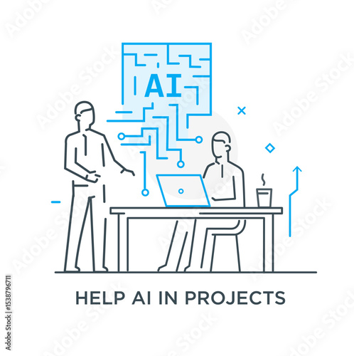 illustrations concept with businessmen. technology, partnership, artificial intelligence business robot, cybes. linear illustration Icons infographics. Landing page site print poster. Line story