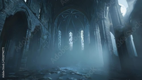 Interior view of a gothic style cathedral with arches and fog in a dark and moody setting. Ruined gothic cathedral with fog. Broken stained glass in ruins. Old cathedral with misty light
