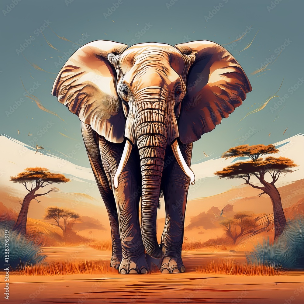 Fototapeta premium Majestic African Elephant Walking Towards the Viewer Across a Dry Savanna Landscape, Artistic Illustration, Wildlife Photography, Safari Theme