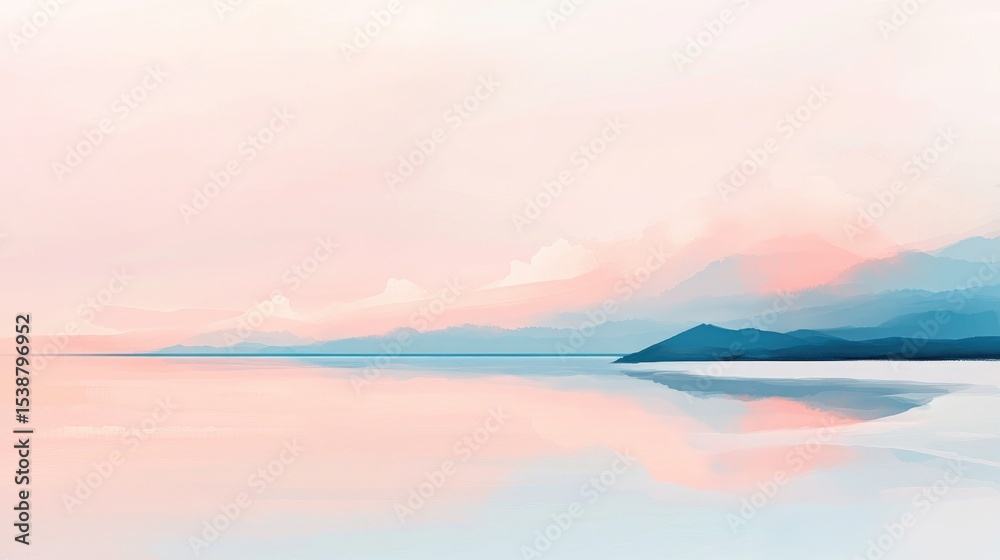 Fototapeta premium Serene Landscape with Soft Pastel Colors Reflecting on Calm Water and Mountains Under a Gentle Sunrise Sky