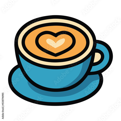 Teal cup of latte art with a heart, perfect for coffee lovers, cafe promotions, Valentines Day graphics, social media posts.