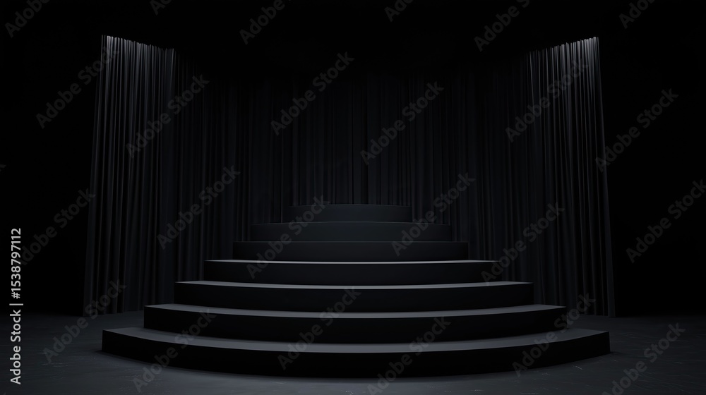 Fototapeta premium Dark monochrome stage with minimalist staircase and black curtains in background