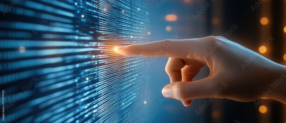 Fototapeta premium A hand interacts with a glowing, digital touchscreen interface displaying rows of blue binary code.