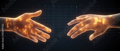 Two digital hands made of glowing orange mesh reach toward each other against a dark, grid-lined background symbolizing connection and technology.