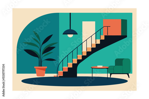 Mid-Century Modern Interior Design A Stylish Spiral Staircase and Teal Walls