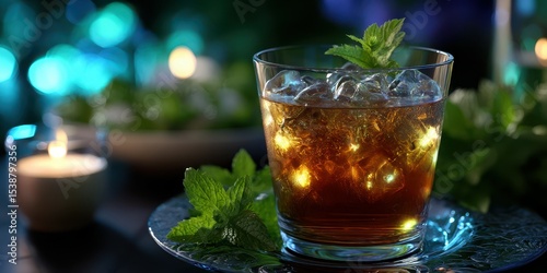 Relaxing evening with a refreshing mocktail served in an elegant glass with ice and mint garnish near candles