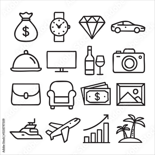Simple Black Line Icons Representing Various Lifestyle Aspects.