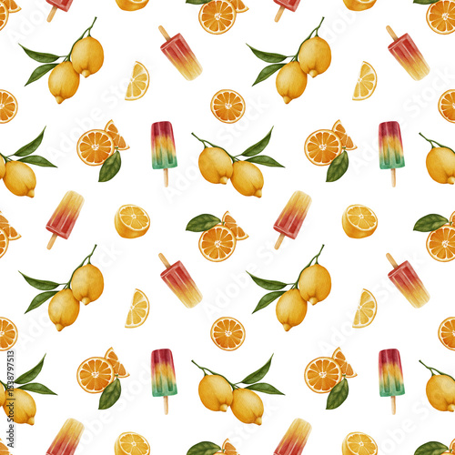 Seamless tropical pattern with watercolor lemons, oranges and colorful ice creams. Bright summer fruity design perfect for fabric, party decor, packaging and digital paper