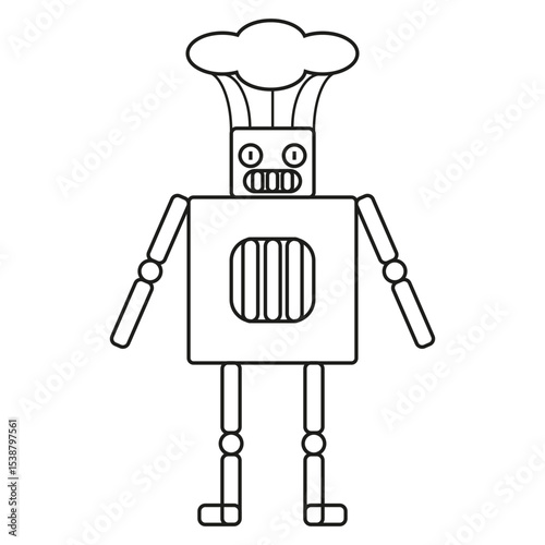 Chef robot character. Humanoid kitchen figure. Cooking machine symbol. Vector outline illustration.